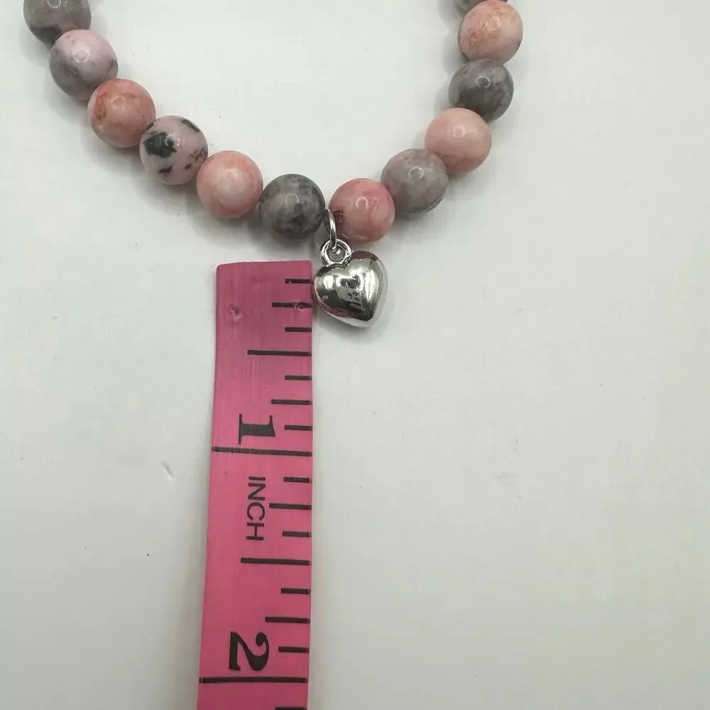 Unbranded Pink Gray Round Bead Ball Stretch Bracelet Silver tone Heart Charm